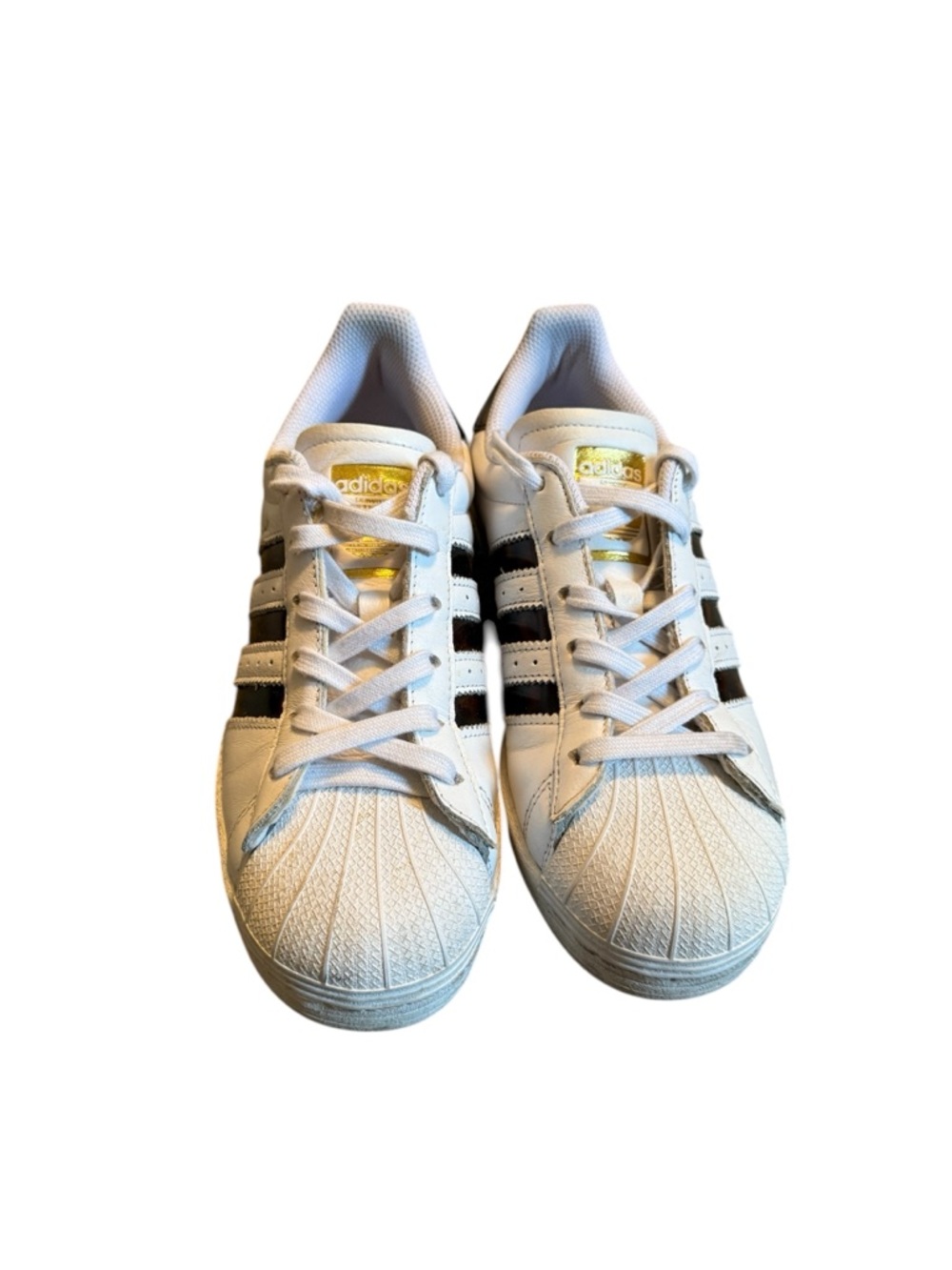 Adidas White Sneakers with TortoiseStripes and Gold Tongue Accents